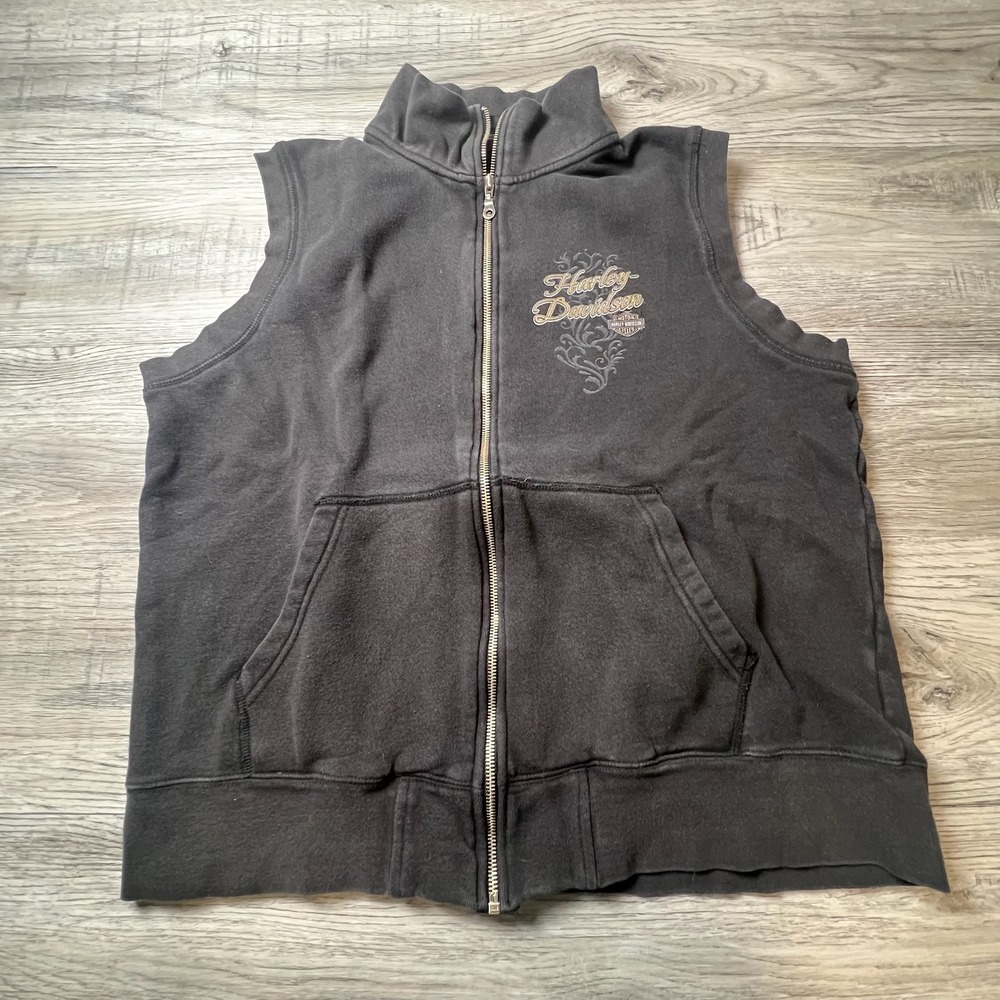 Harley-Davidson Vest Mens XL Black Full Zip Sleeveless Hoodie Uke's Kenosha WI